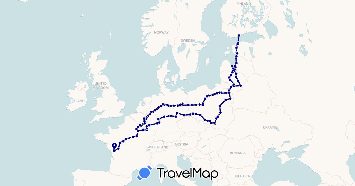 TravelMap itinerary: driving in Belgium, Germany, Estonia, Finland, France, Lithuania, Luxembourg, Latvia, Poland (Europe)